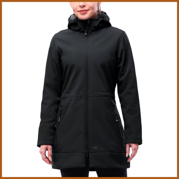 Waterproof Softshell Long Rain Jacket with Hood Fleece Lined Windbreaker